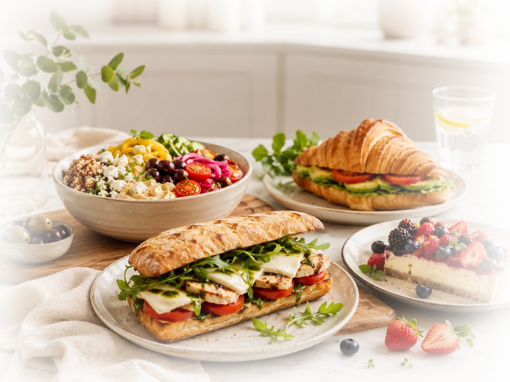 GiroFood Convenience-Auswahl - Sandwich, Bowl, Croissant und Dessert auf einer hellen Küchentheke