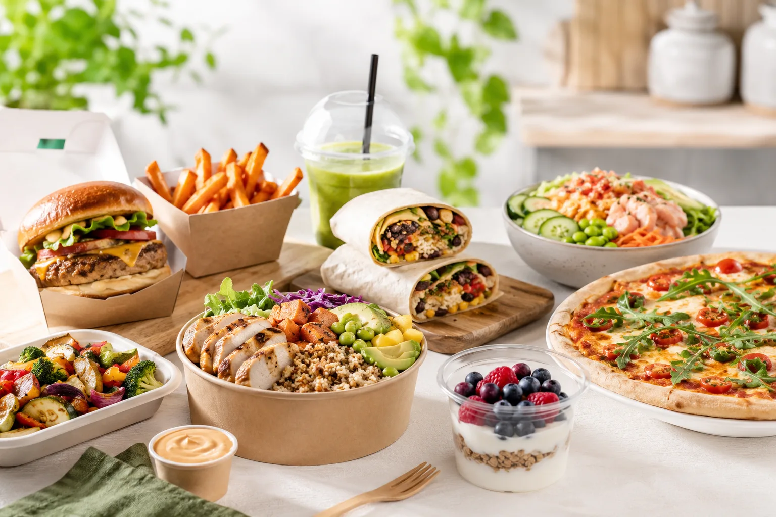 GiroFood Convenience-Auswahl: Bowls, Wraps, Burger, Pizza, Pommes und mehr auf einem hellen Tisch