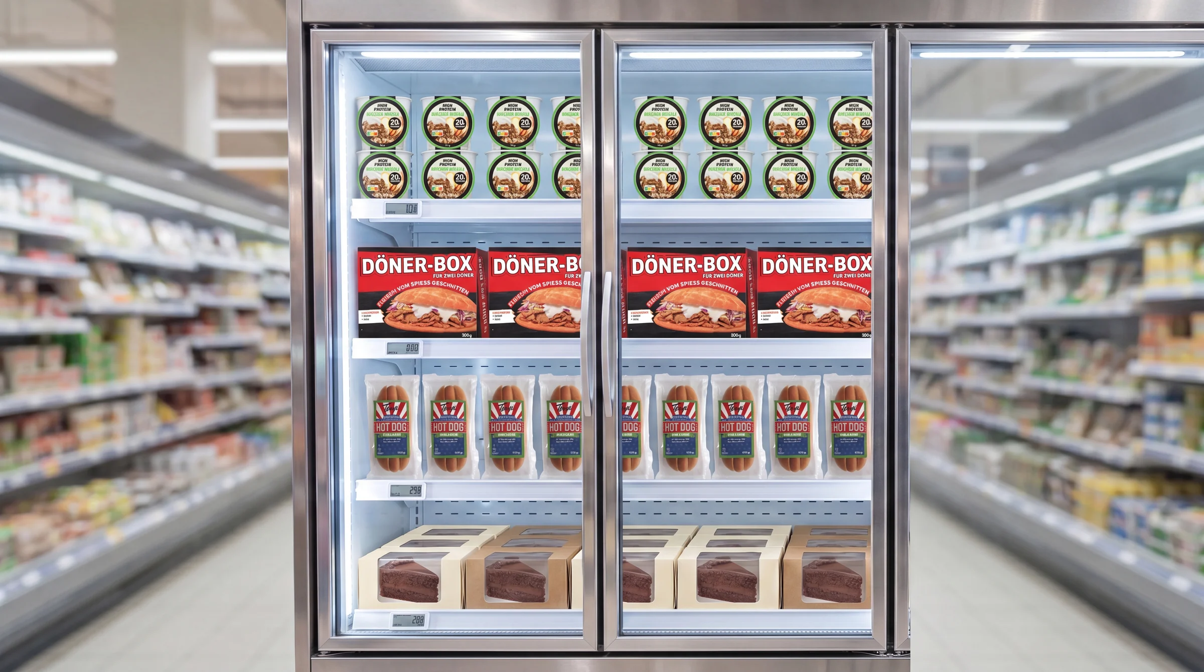 GiroFood Produkte im edlen Glastür-Kühlregal im Supermarkt