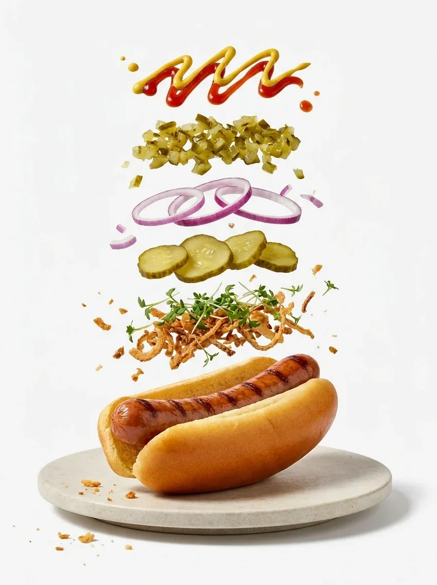 Hot Dog im Bun mit Röstzwiebeln, Essiggurken, Zwiebeln und frischen Kräutern