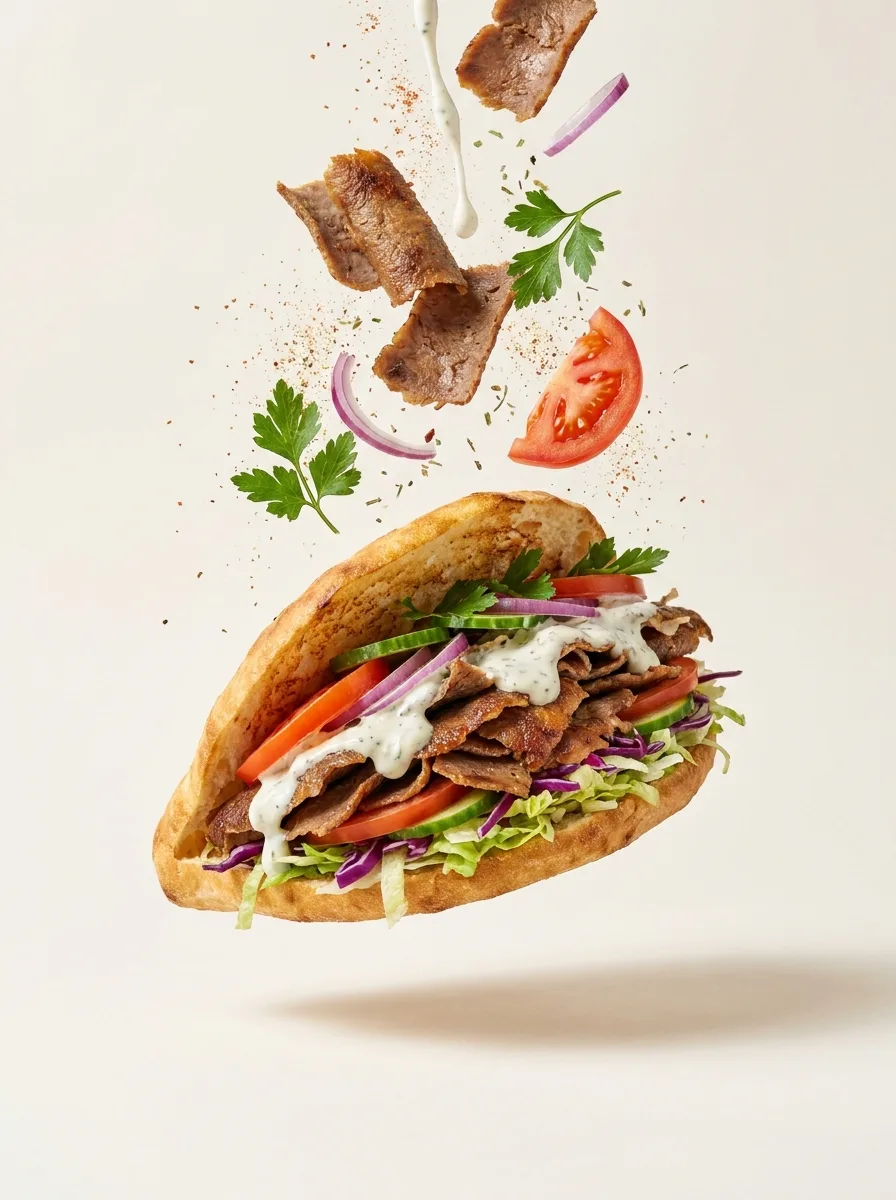 Döner im Fladenbrot mit Fleisch, frischem Salat und cremiger Sauce